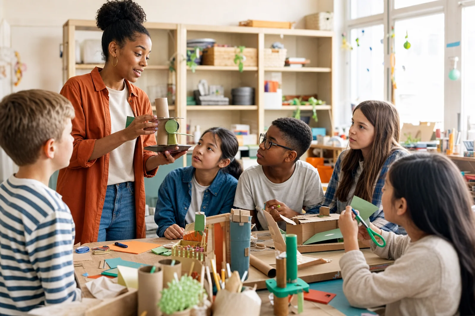 A teacher demonstrating a recycled-material project to students in a creative class.