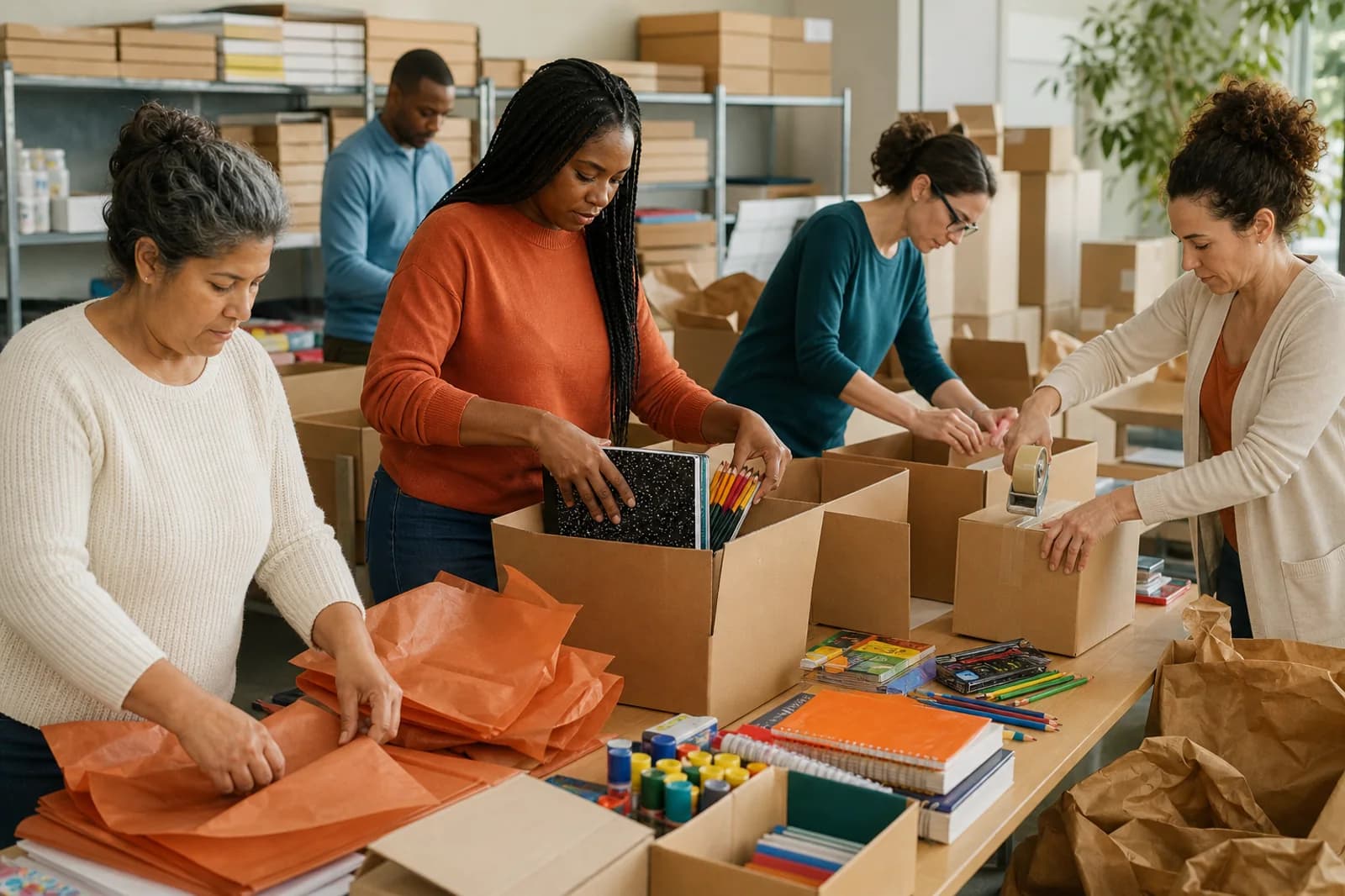 Volunteers sorting school supplies and packing them into boxes at a worktable.